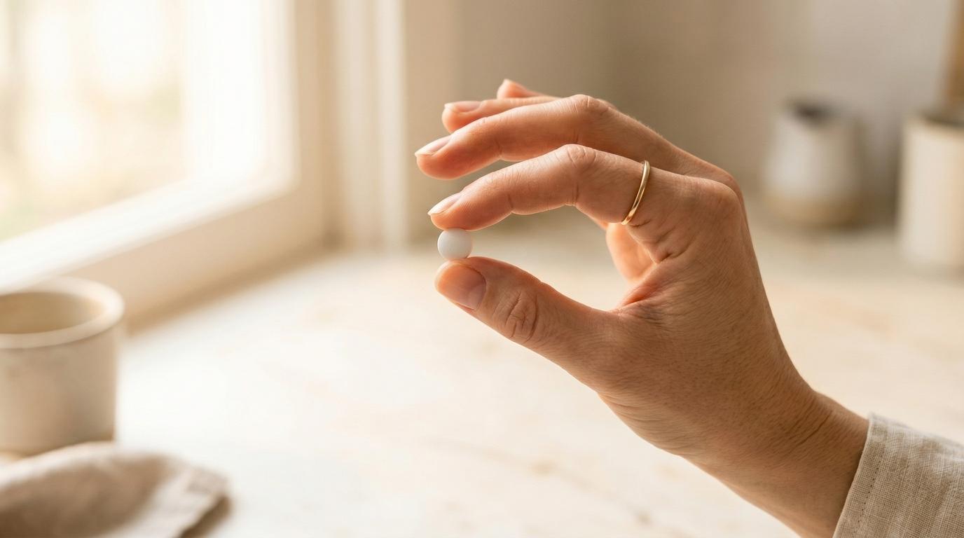 Person holding an injectable pen-style medication, demonstrating a subcutaneous injection preparation in warm natural lighting