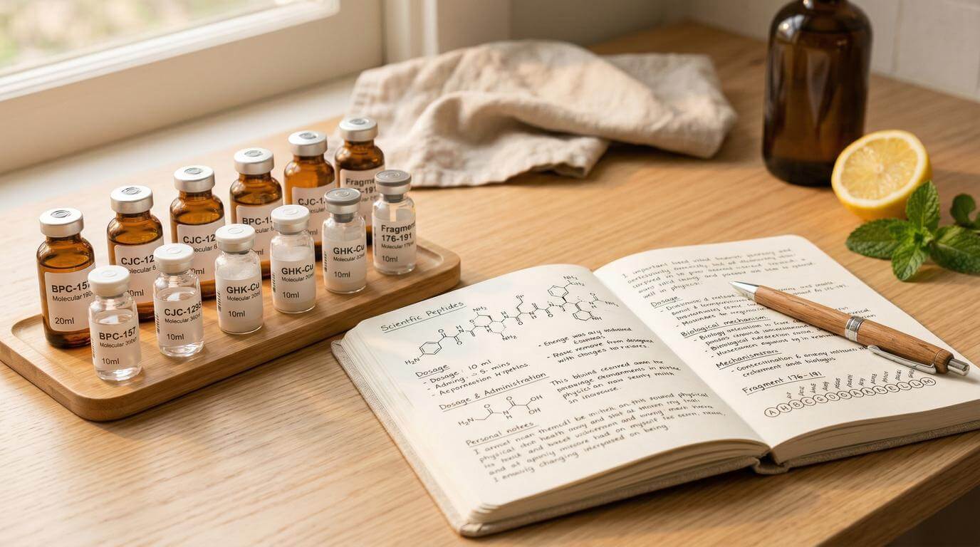 Peptide therapy research vials on a scientific workspace, representing longevity research