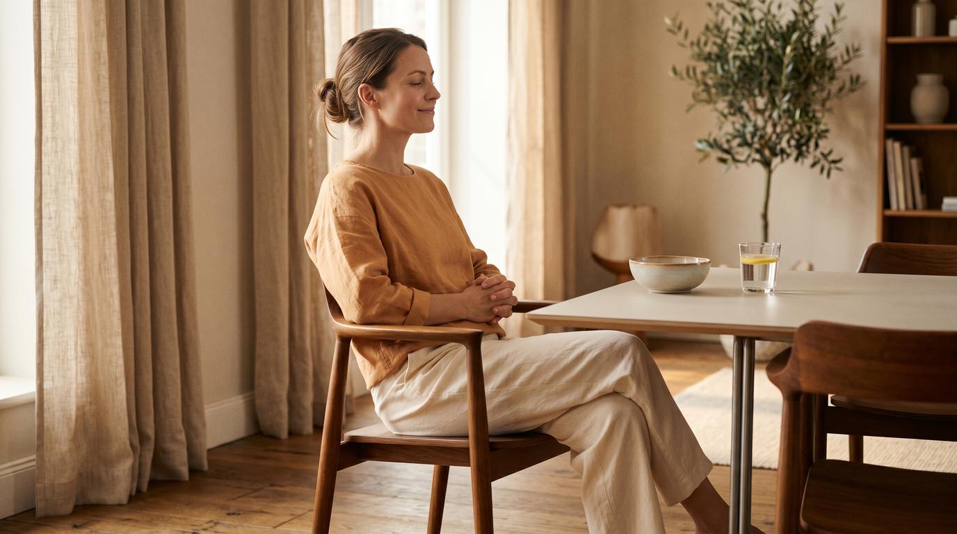Person resting upright after a light meal in warm natural light, cream tones, lifestyle photography