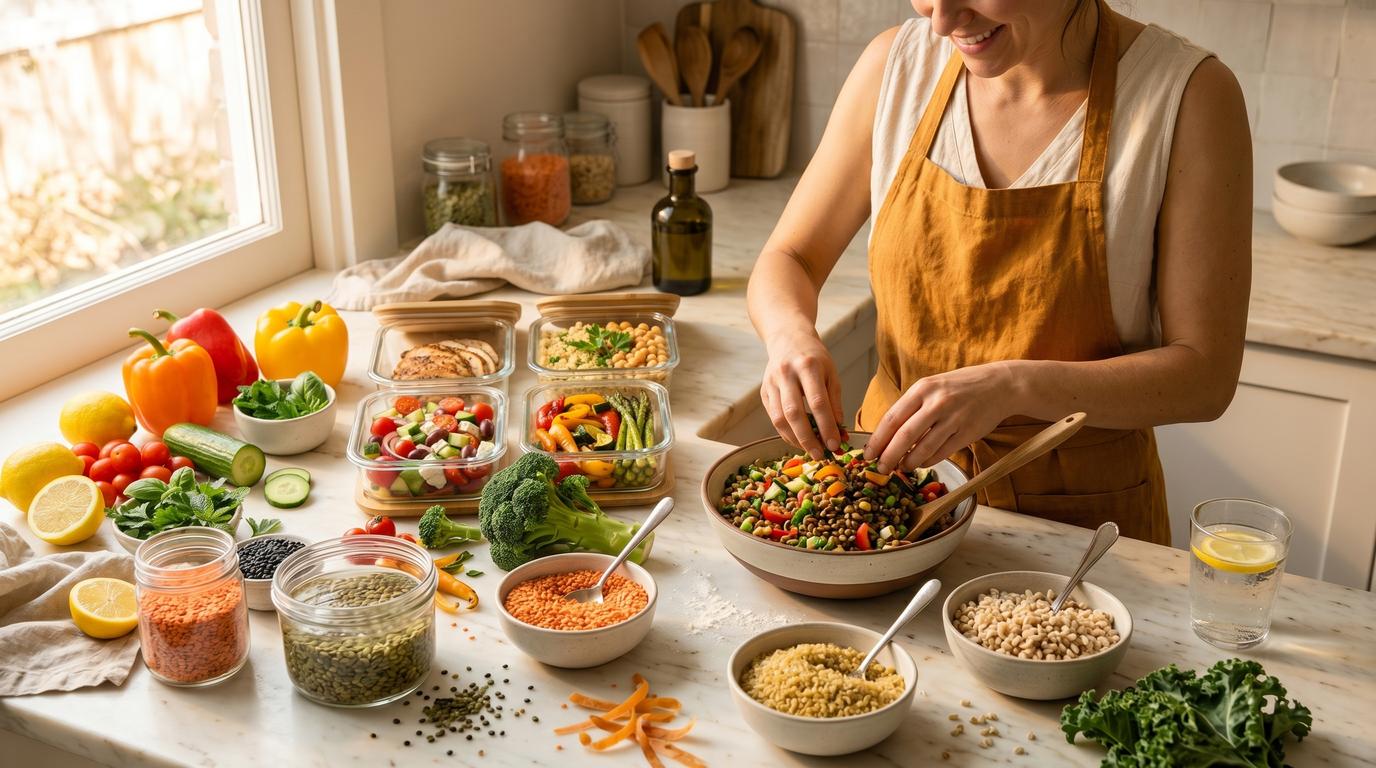 High-fiber foods including fruits, vegetables, whole grains, and legumes laid out on a wooden surface