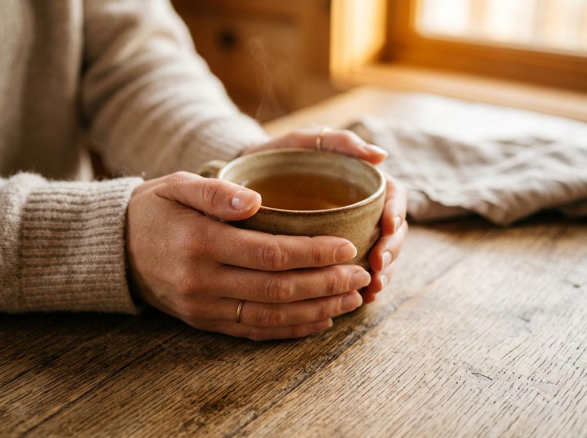 Woman's hands holding a warm cup of herbal tea, representing calm self-care and stress management during a weight loss journey