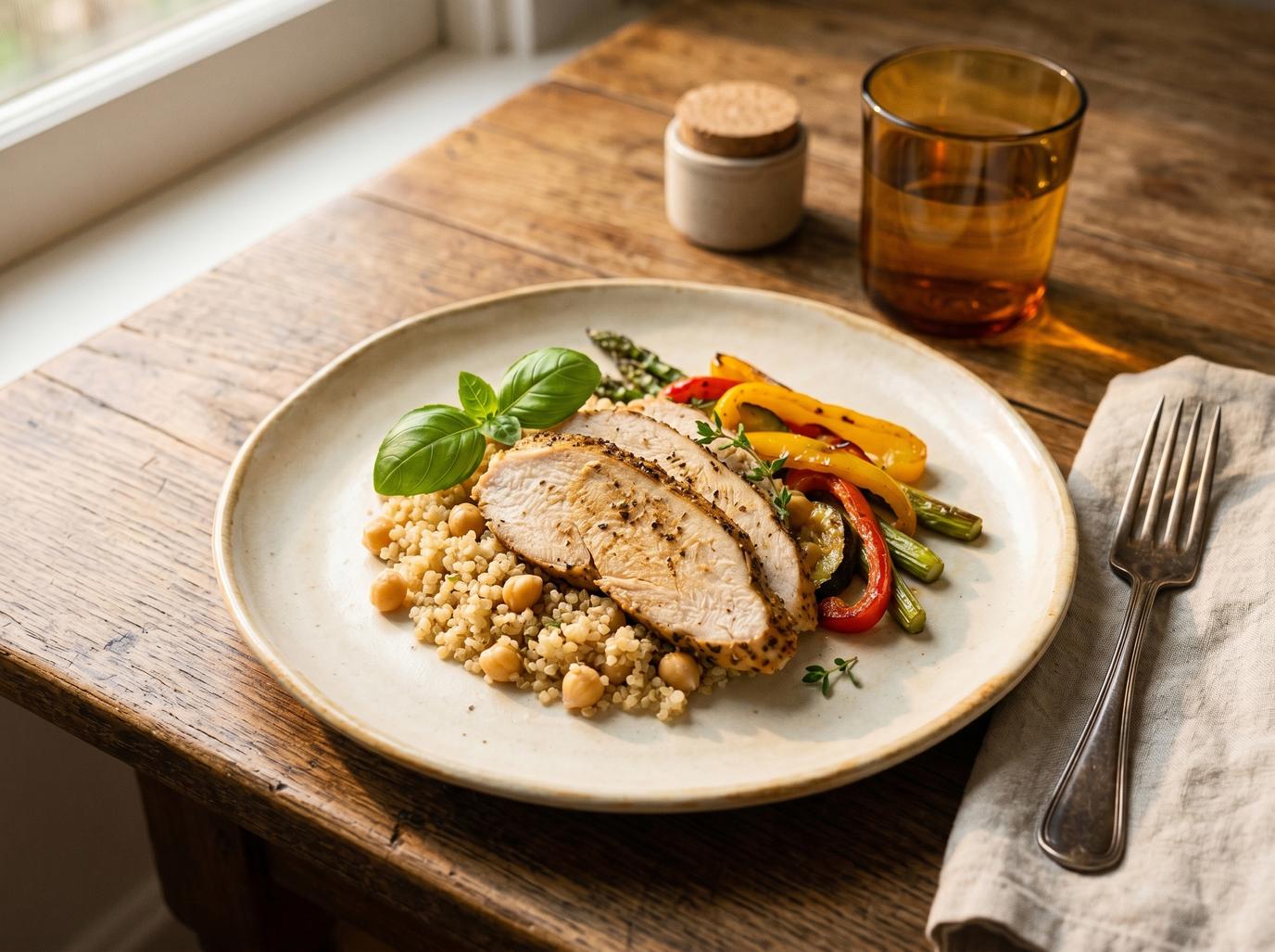 A close-up of a plate with a small, balanced meal of protein, vegetables, and whole grains