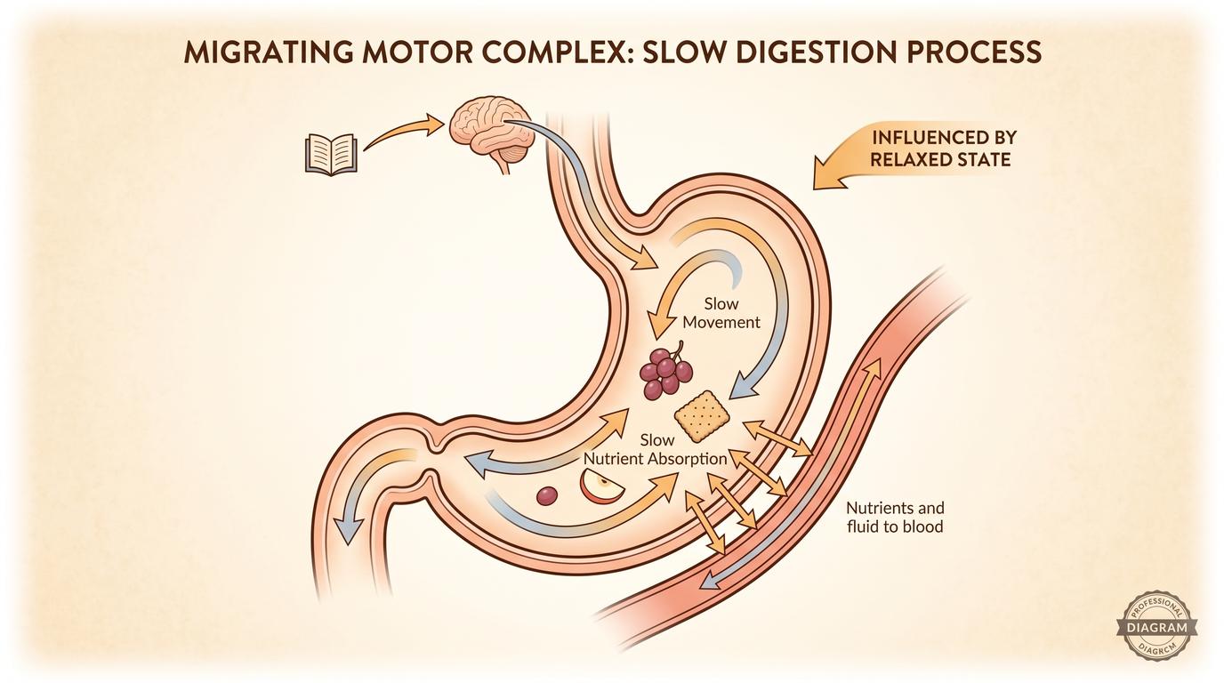 Diagram of the stomach and GI tract illustrating normal versus delayed gastric emptying, clean medical illustration style with warm cream background
