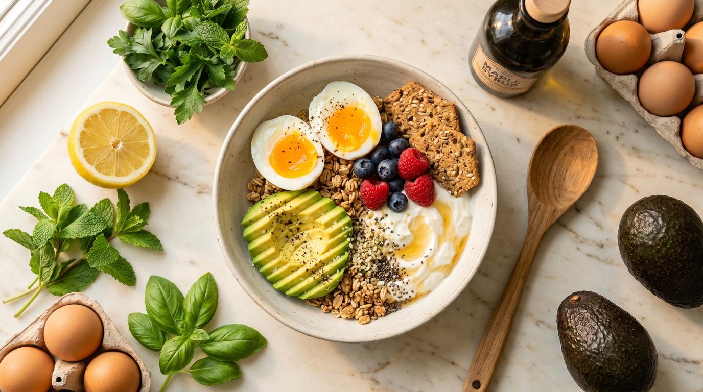 High-protein foods including eggs, Greek yogurt, and avocado arranged on a wooden surface, warm morning light