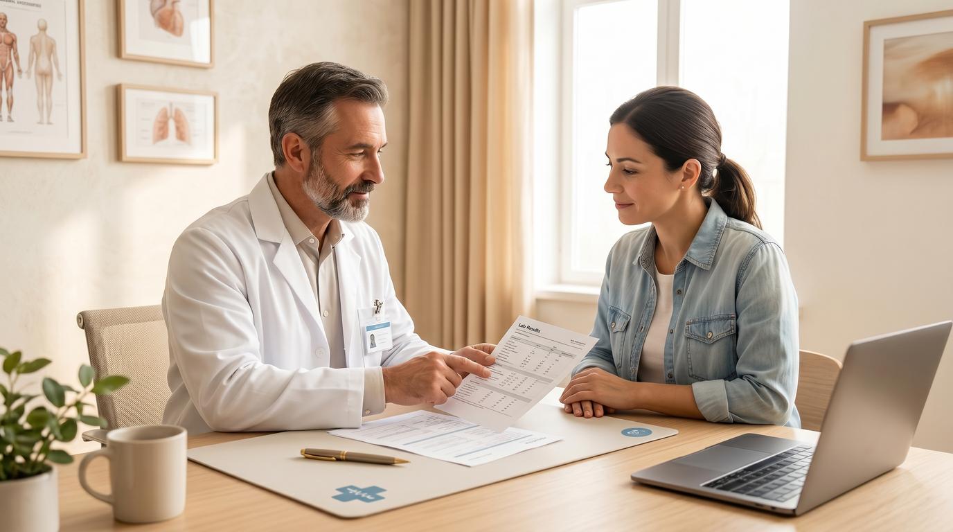 Person reviewing medication instructions with a healthcare provider, warm clinical setting
