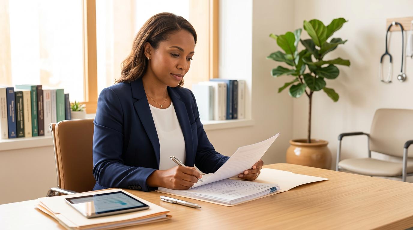 Patient consulting with a healthcare provider about medication safety in a warm clinical setting