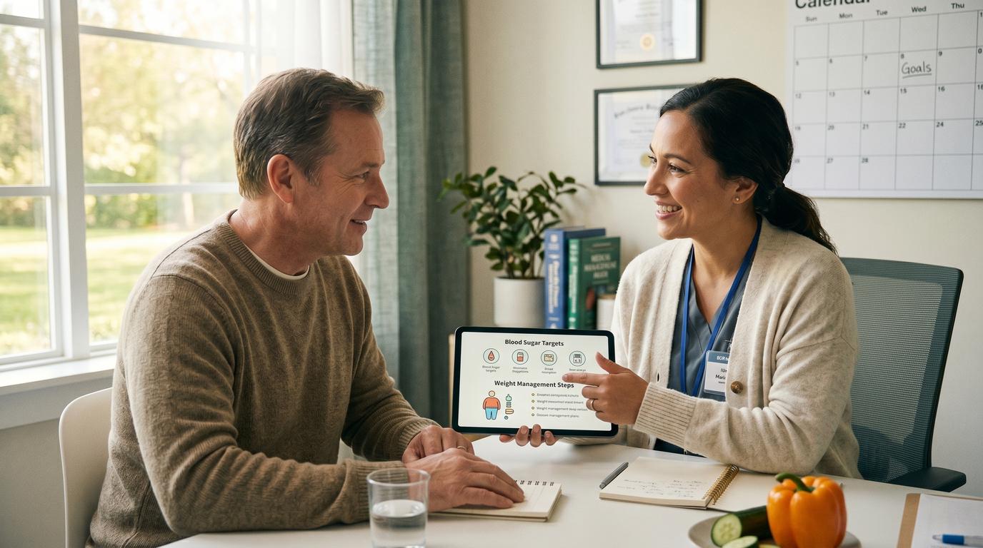 A healthcare provider discussing GLP-1 medication options with a patient in a warm, calm clinical setting