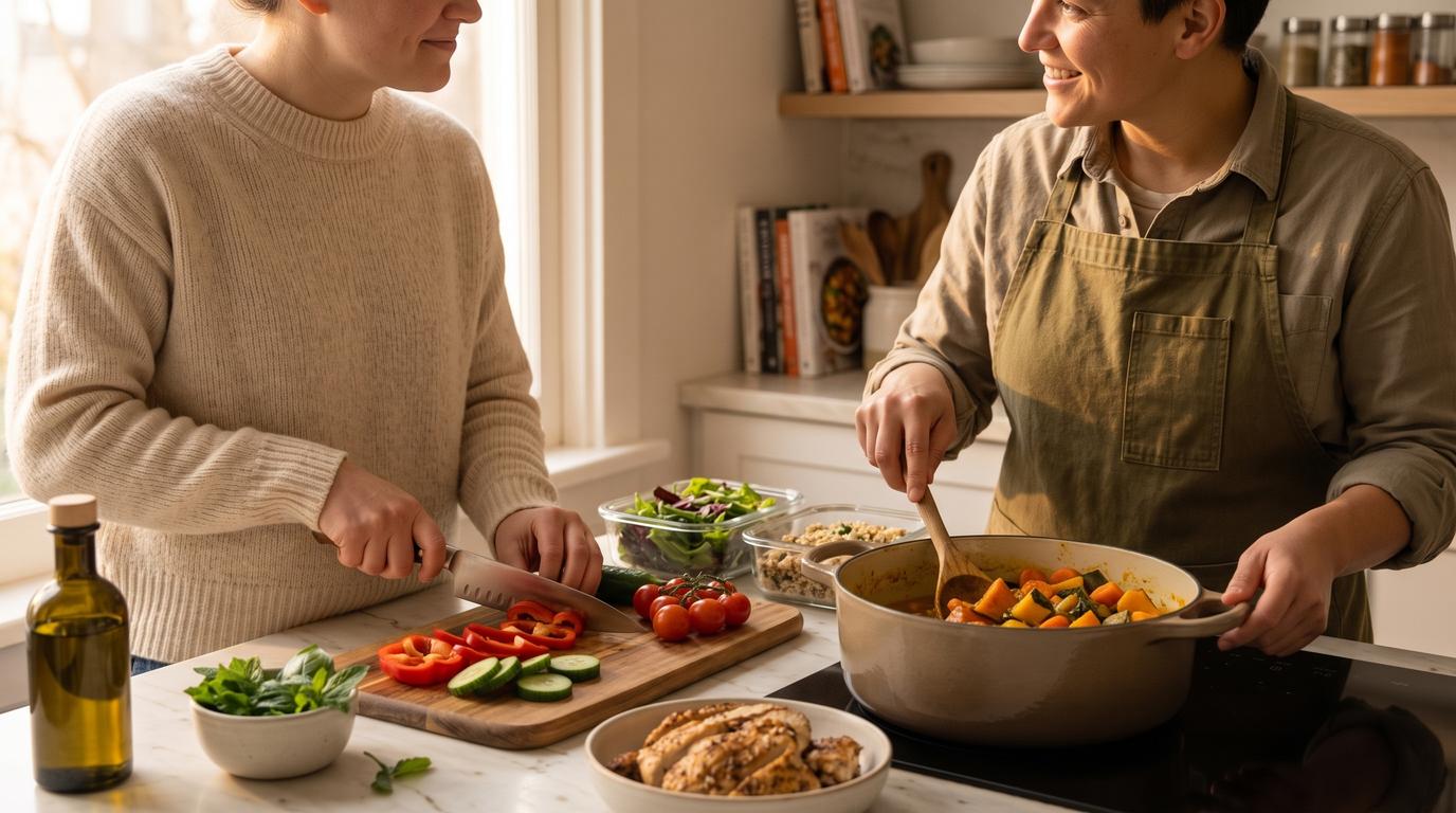 Two people cooking together in a home kitchen, one chopping vegetables while the other stirs a pot