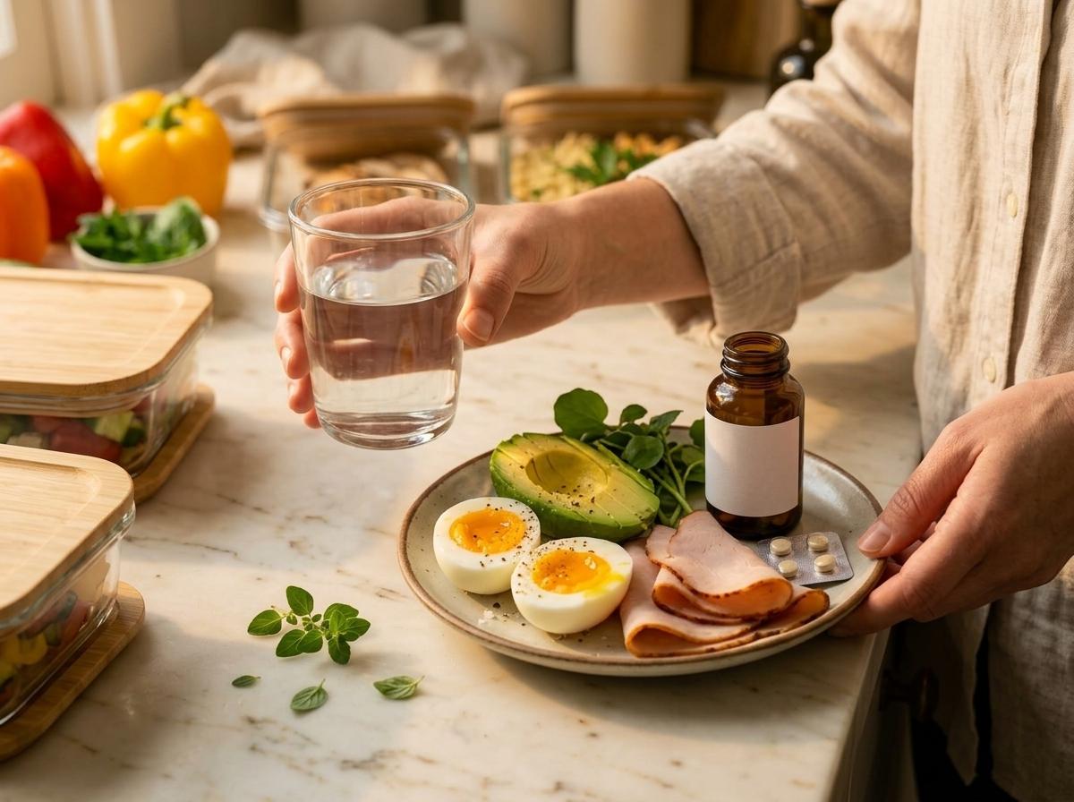Person preparing a nutritious meal at a bright kitchen counter with fresh vegetables, representing the dietary habits that support tirzepatide results during the mid-program phase