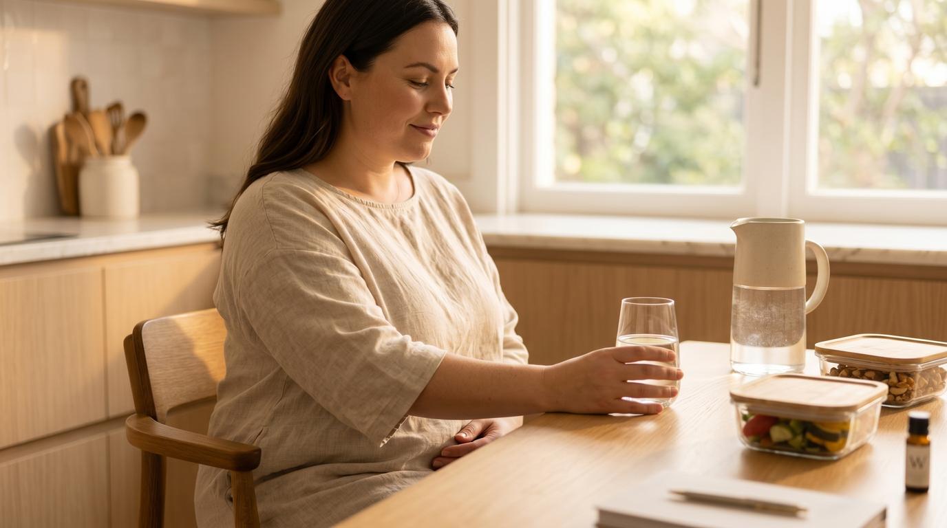 A person sitting at a kitchen table with a glass of water in warm natural light, representing healthy hydration habits during GLP-1 treatment