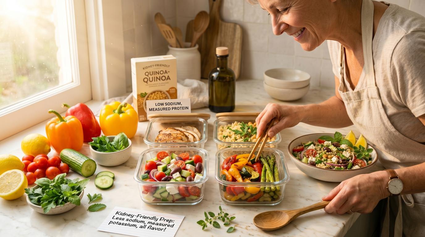 Person preparing a colorful healthy meal with vegetables and lean protein, representing the lifestyle changes that support kidney health alongside medical treatment
