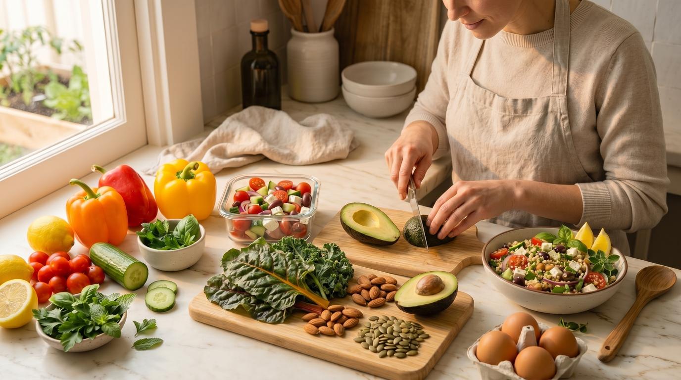 Assortment of foods rich in magnesium - dark leafy greens, nuts, seeds, and avocado arranged on a light wooden board - supporting metabolic health during weight loss