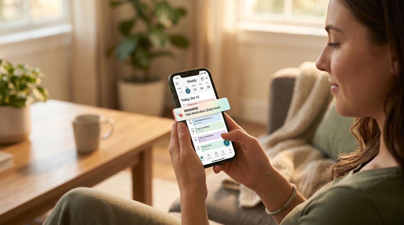 Person checking a weekly medication reminder on their smartphone, relaxed home setting with warm light